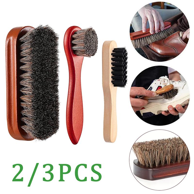 Leather Shoe Polish - ชุดแปรงทำความสะอาดรองเท้าขนหางม้าทนทาน 2/3 ชิ้น พร้อมหัวแปรงขัดเงา สำหรับดูแลรองเท้าบูทหนัง รองเท้าผ้าใบ